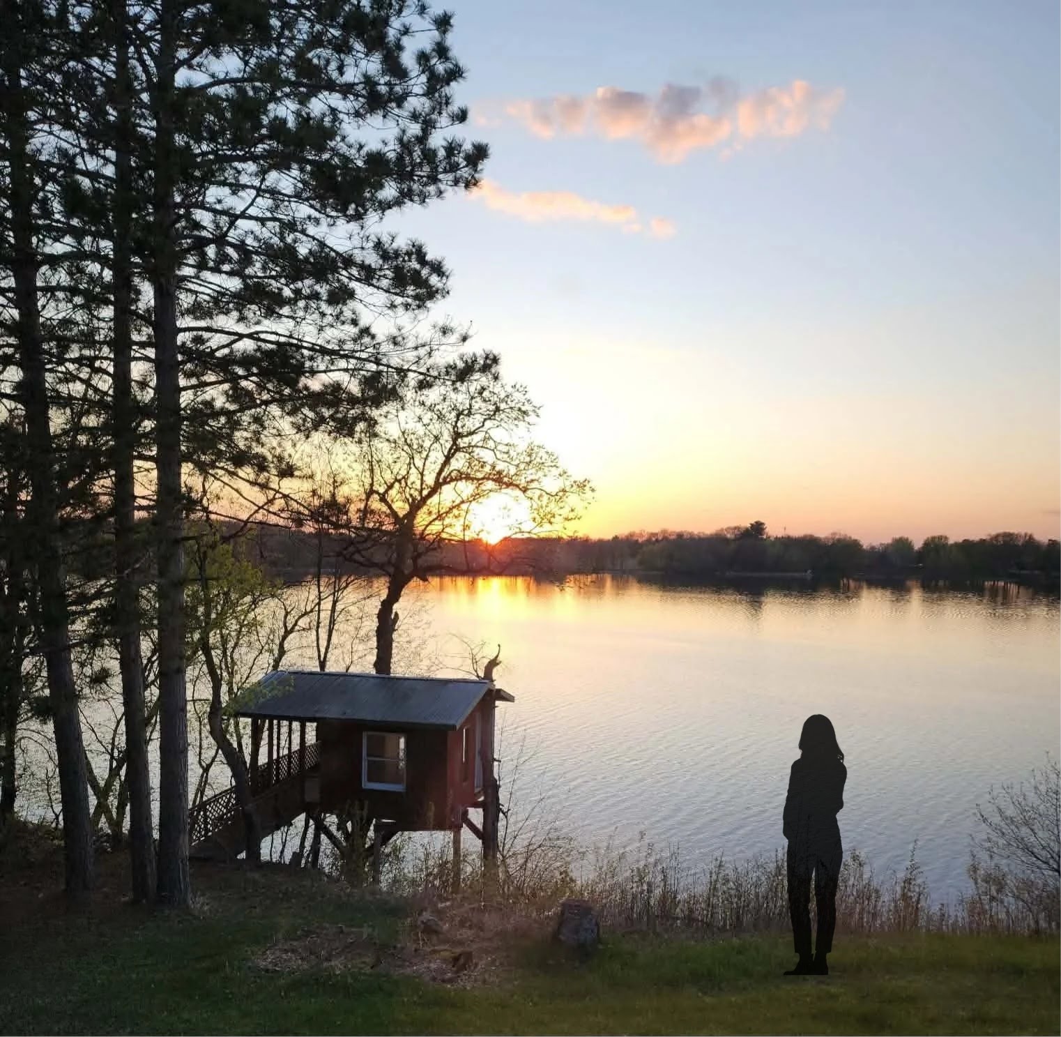 girl next to cabin on the lake